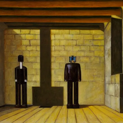 Image similar to three brutalist robot judges in a vaulted court, grant wood, pj crook, edward hopper, oil on canvas