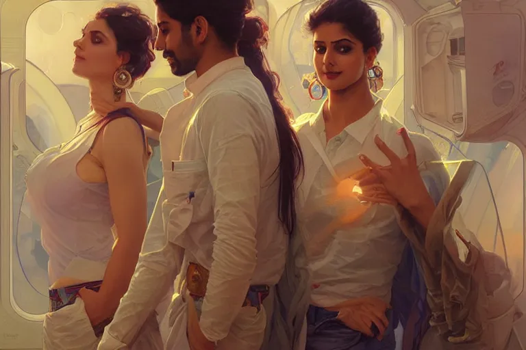 Image similar to Sensual good looking pale young Indian doctors wearing jeans partying in a space station above Earth performing surgery, portrait, elegant, intricate, digital painting, artstation, concept art, smooth, sharp focus, illustration, art by artgerm and greg rutkowski and alphonse mucha