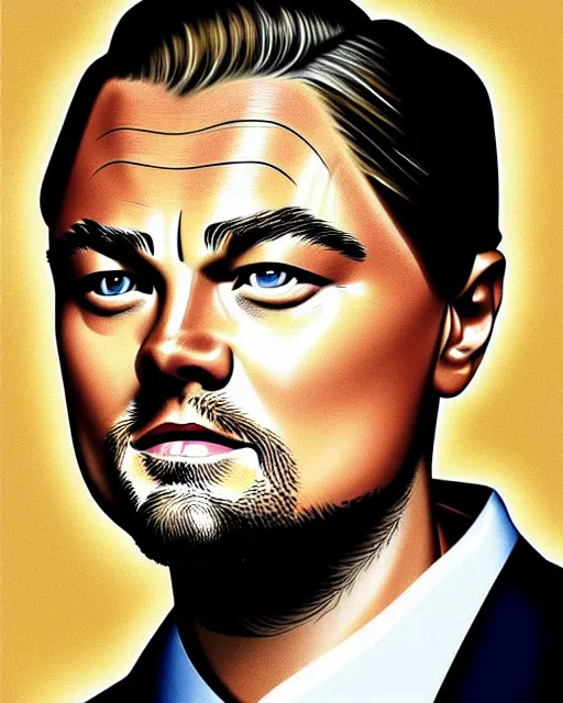 Image similar to painting portrait of leonardo dicaprio and a carp, cartoon, warm lighting, leonardo dicaprio has a carp. leonardo dicaprio and a carp fish. movie poster, illustration by bartek fedyczak, erak note, tooth wu, neil richards, kan liu, siwoo kim, jisu choe, trending on art station