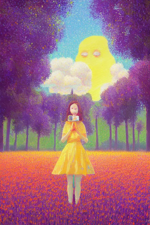 Image similar to girl with flower as a face, flower dress, standing in a flower field, big trees, sunrise dramatic light, impressionist painting, colorful clouds, digital painting, pointillism, artstation, simon stalenhag