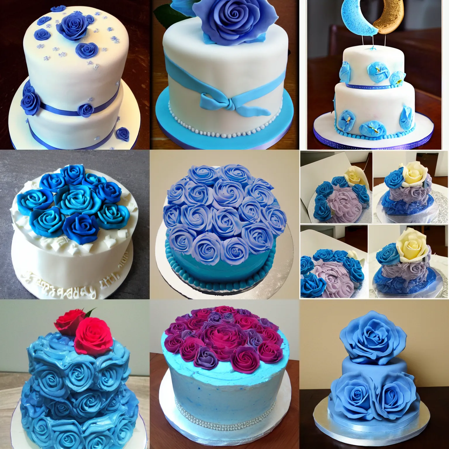 Prompt: a birthday cake made from moon and blue roses