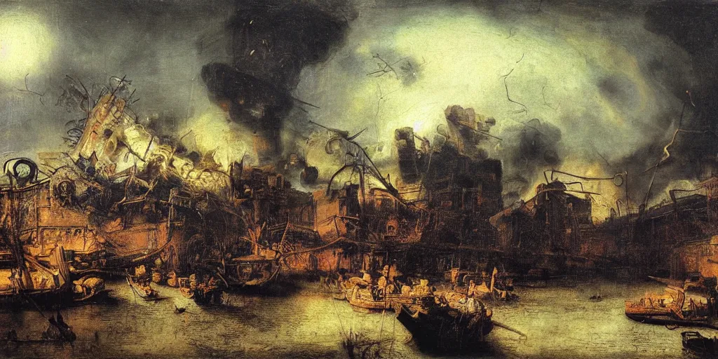 Prompt: a rembrandt painting of a giant bill paxton destroying a city, destruction,