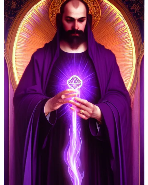 Image similar to portrait of saint germain, he is holding the violet purple indigo flame, completely violet colored, intricate, elegant, highly detailed, digital painting, artstation, concept art, smooth, sharp focus, illustration, art by artgerm and greg rutkowski and fra angelico and alphons mucha