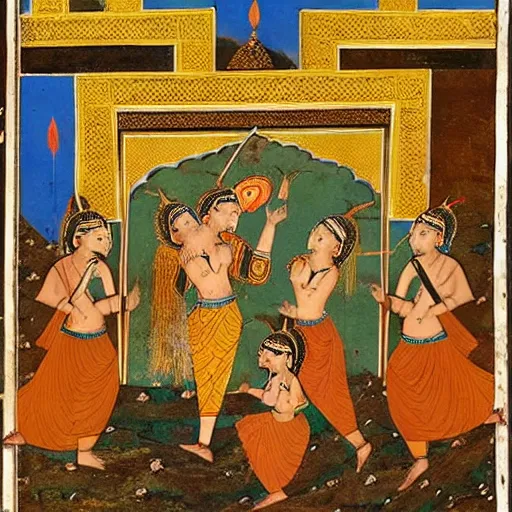 Image similar to woman warrior falls in battle and ascends to godhood. warriors watch in astonishment, mughal art painting by govardhan