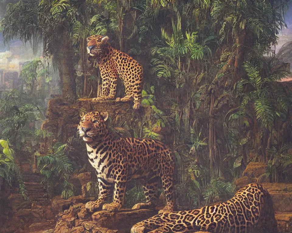 Prompt: an achingly beautiful oil painting of an Incan jaguar standing alone in the square of a resplendent futuristic jungle city by Raphael and Hopper.