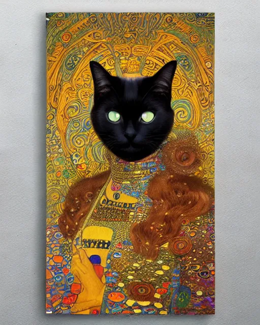 Image similar to cat meditation portrait an oil painting splashes with many colors and shapes by gustav klimt greg rutkowski and alphonse mucha, polycount, generative art, psychedelic, fractalism, glitch art