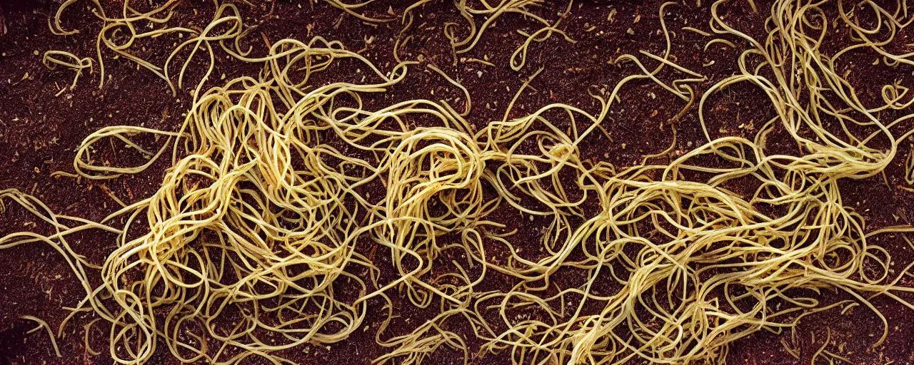 Image similar to spaghettis as mycelium, under the dirt, fine detail, canon 5 0 mm, in the style wes anderson, kodachrome