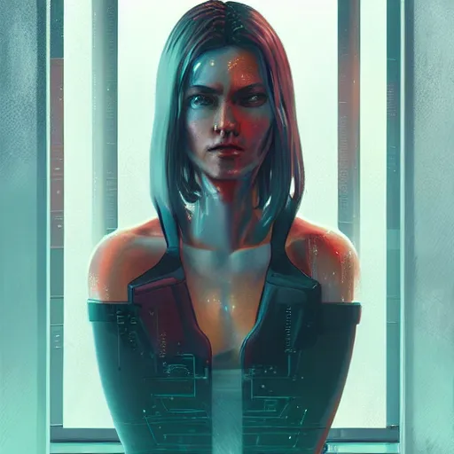 Prompt: portrait of cyberpunk woman looking out of a window, cyberpunk setting, futuristic, highly detailed, intricate lighting, digital painting, sharp focus, illustration, trending on artstation, art by ross tran.