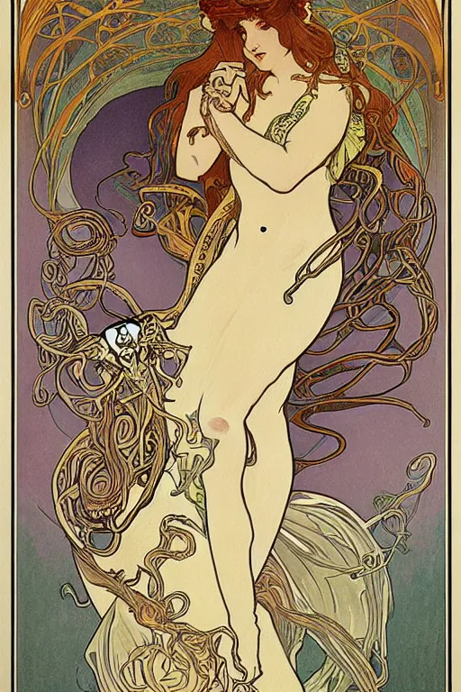 Prompt: art nouveau, alphonse Mucha, octopus, maiden