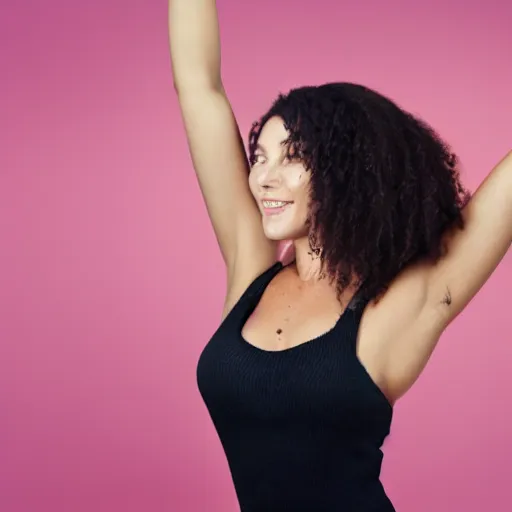 Prompt: beautiful woman with hands up and hairy armpits