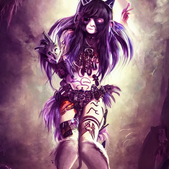 Prompt: emo boy/girl with cat ears and tail and covered in tribal body paint, fantasy artwork, award winning, hyper detailed, very beautiful, studio lighting, artstation | glitchcore yokai, shadowverse character concept, found footage horror