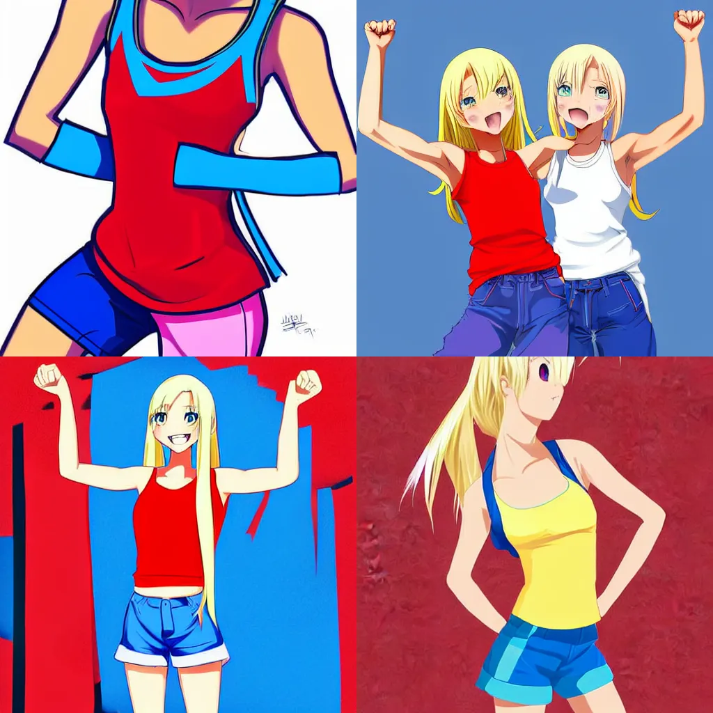 Prompt: digital art, anime, full shading, a short athletic blonde girl, blonde twin ponytails, happy and spirited expression, medium shot, red tank top and wide blue pants