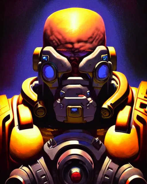 Image similar to doomfist from overwatch, character portrait, portrait, close up, concept art, intricate details, highly detailed, vintage sci - fi poster, retro future, vintage sci - fi art, in the style of chris foss, rodger dean, moebius, michael whelan, and gustave dore