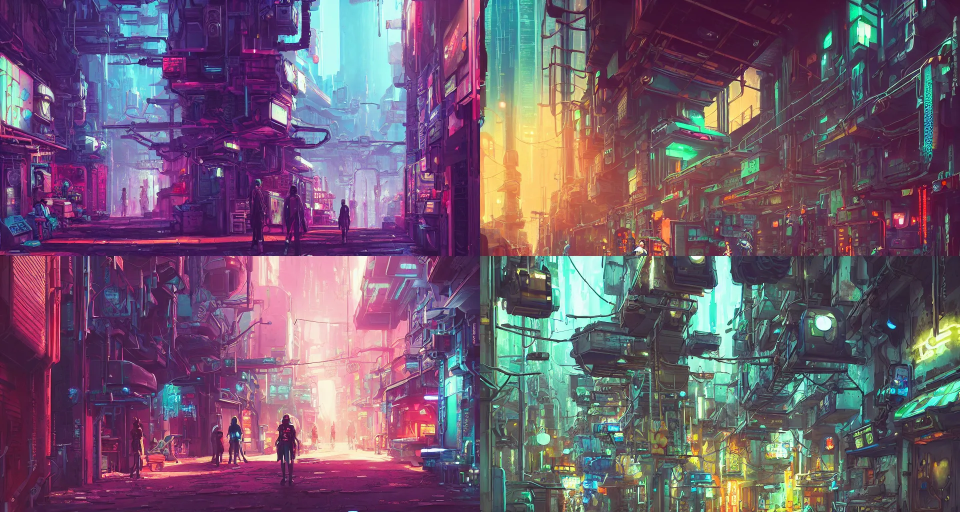 Prompt: matte painting of cyberpunk organic sci - fi alleyway with cyber mechanical robotic shop inside people are working on cyber robotics, in style of hayao miyazaki, by alena aenami, by studio ghibli, hyper detailed, vibrant, landscape, 8 k hdr, digital, artstation, cg render