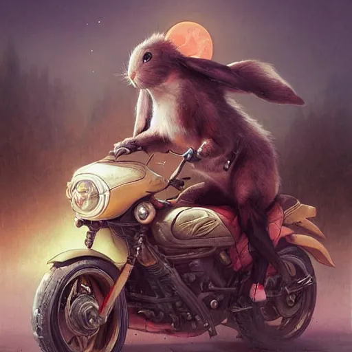 Prompt: bunny wearing a leather jacket riding a motorbike on a highway during sakura season on a blood moon, by peter mohrbacher, james jean, wlop, greg rutkowski, detailed - face!!!, rule of thirds, dynamic pose, action pose, beautiful landscape