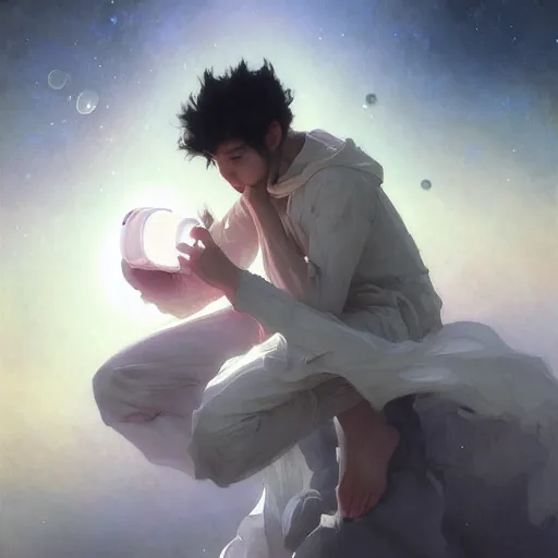 Image similar to A man drinking a cup of cosmic energy bright light, illustration by Ruan Jia and Mandy Jurgens and William-Adolphe Bouguereau, Artgerm, 4k, digital art, surreal, anime style, space dandy style, highly detailed, godsend, artstation, digital painting, concept art, smooth, sharp focus, illustration by Ruan Jia and Mandy Jurgens and William-Adolphe Bouguereau, Artgerm