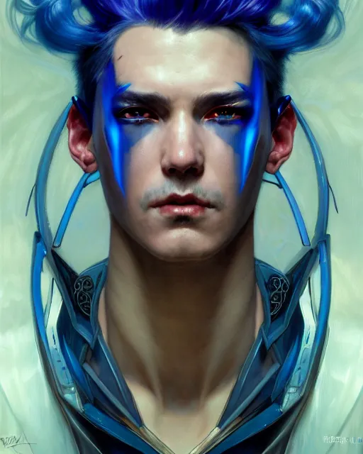 Prompt: portrait of a beautiful cyberpunk man with blue hair, beautiful symmetrical face, blueish, fantasy, regal, by stanley artgerm lau, greg rutkowski, thomas kindkade, alphonse mucha, loish, norman rockwell.