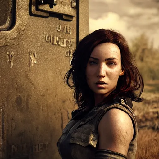 Image similar to fallout 5, charismatic beautiful rugged brunette female protagonist, portrait, outdoors in front of the entrance to vault 1 5 6, atmospheric lighting, painted, intricate, volumetric lighting, beautiful, daytime, sunny weather, slight overcast, sharp focus, deep colours, ultra detailed, by leesha hannigan, ross tran, thierry doizon, kai carpenter, ignacio fernandez rios