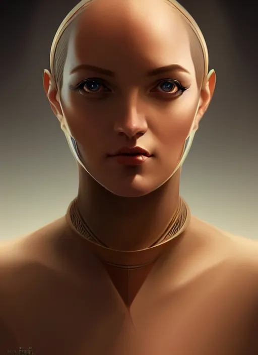 Image similar to portrait of female android, symmetry, intricate, elegant, highly detailed, smooth, sharp focus, concept art, digital painting, illustration, artstation, by fra angelico and greg ruthkowski