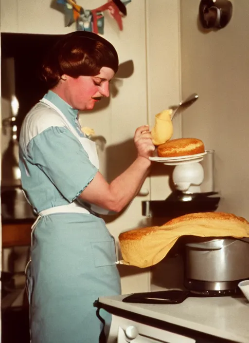 Image similar to a 35mm photograph of Hitler in an apron, dressed as a housewife, baking a cake, in the 1950's, bokeh, Canon 50mm, cinematic lighting, photography, retro, film, Kodachrome