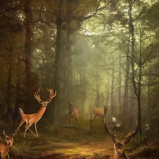 Image similar to a painting of a woman standing in a forest with deer, a storybook illustration by louise abbema, cgsociety, magical realism, reimagined by industrial light and magic, volumetric lighting, cinematic lighting