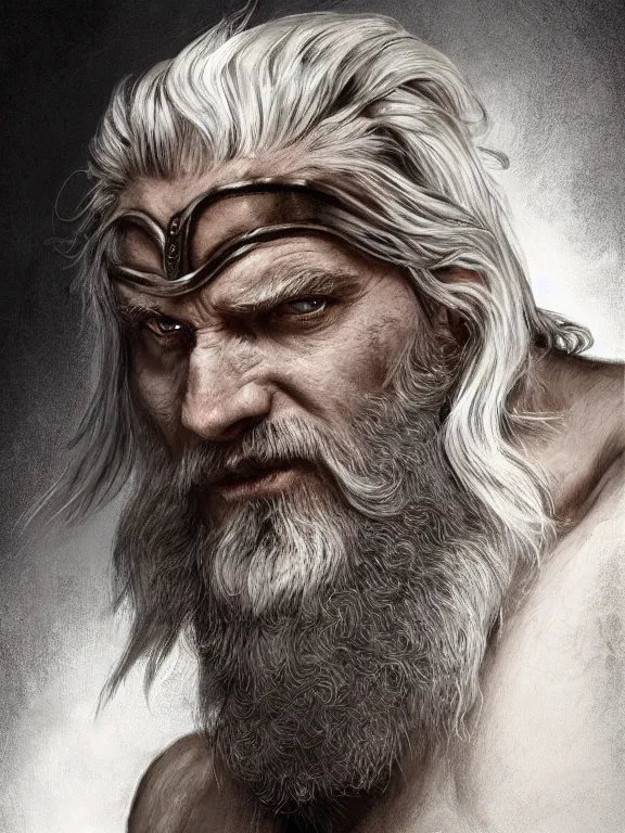 Prompt: painted portrait of rugged odin, god of war, old viking, norse god, white hair, masculine, mature, handsome, upper body, grey and silver, muscular, hairy torso, fantasy, intricate, muscular, elegant, highly detailed, digital painting, artstation, concept art, smooth, sharp focus, illustration, art by gaston bussiere and alphonse mucha
