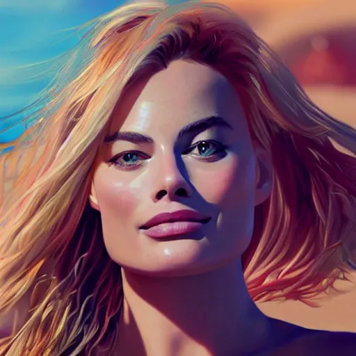 Prompt: Margot Robbie drinking a cocktail on the beach, digital art, highly detailed face, realistic facial features, hyper realistic, trending on artstation