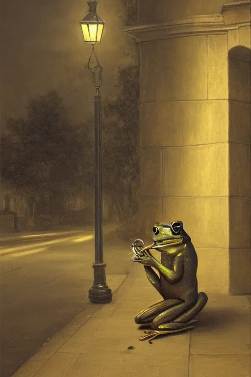 Image similar to a frog playing saxphone alone on a street corner, under a street lamp, at night, painting by edward poynter, trending on artstation