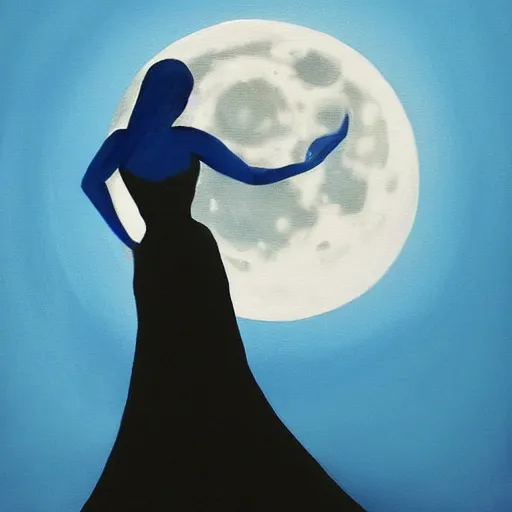 Image similar to a blue and black painting of a woman silhouetted by a full moon. Trending on ArtStation