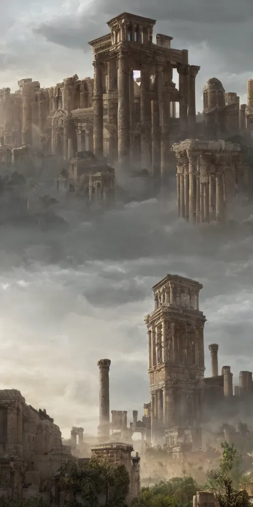 Image similar to epic view of an ancient Byzantine city surrounded by clouds, Giant imposing tower, full of strange statues and murals, full of smoke and dust, hyper real, Indiana Jones, Tomb Raider, trending on artstation, concept art, photorealistic, cinematic, city