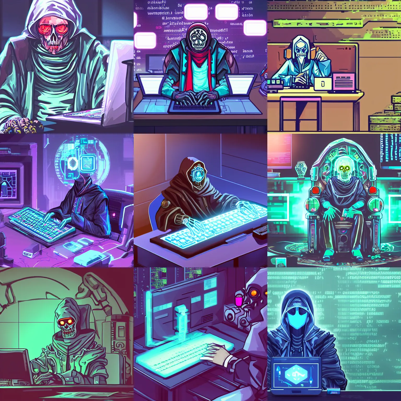 Prompt: a lich sitting in front of a computer writing code, phylactery in his other hand, cyberpunk style