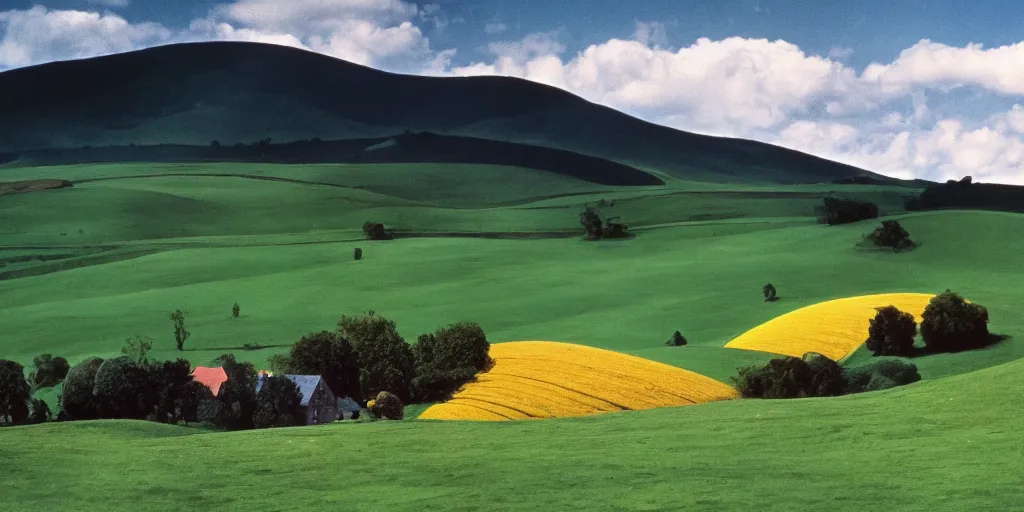 Image similar to A full color still from a Stanley Kubrick film featuring rolling green hills with windows, doors, and chimneys built into the hills, 35mm, 1975