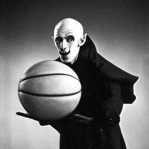 Prompt: portrait of nosferatu playing alone basketball at the nba, sport photography