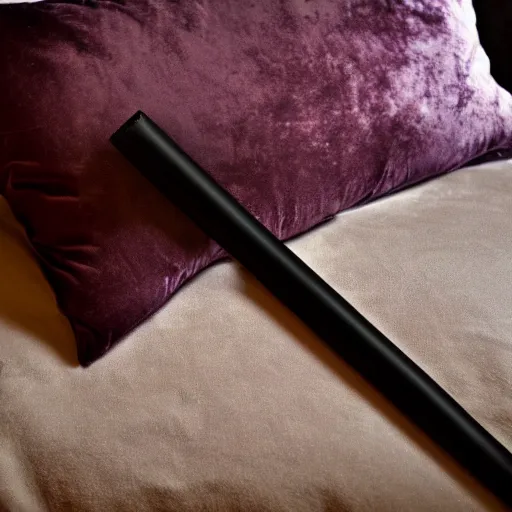 Prompt: the most mysterious magic wand laying on a velvet pillow