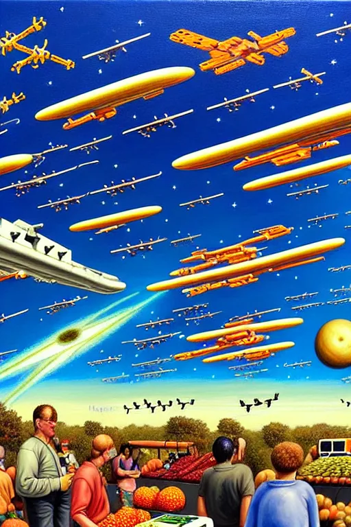 Image similar to a hyperrealistic painting of a fleet of spacecrafts flying over the farmers market on a sunny day, by chris cunningham and richard corben, highly detailed, vivid color,