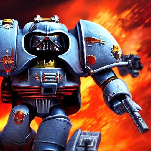 Image similar to space marine from warhammer 40000 in the style of the meaning of life, realism, against the background of the battlefield, depth of field, focus on darth vader,