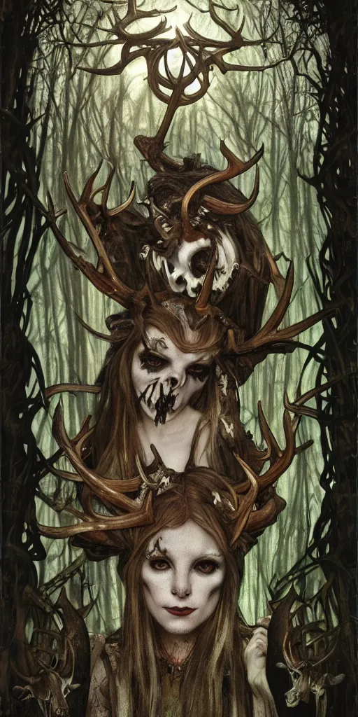 Image similar to intense glowing black metal pagan god with antlers and fangs and intense glowing eyes with a goat skull in very dark forest by mark ryden and alphonse mucha, portrait, fantasy, clear, light beams, lens flare, intense, uhd, amazing depth, cinematic lighting