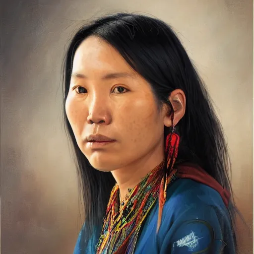 Prompt: portrait of an aboriginal taiwanese amis pangcah woman ( 3 5 ) from taiwan in 2 0 2 1, an oil painting by ross tran and thomas kincade
