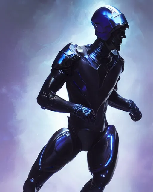 Image similar to character concept of iridescent sinewy smooth muscular male sleek glossy indigo black pearlescent scifi armor with smooth black faceless featureless helmet, by greg rutkowski, mark brookes, jim burns, tom bagshaw, magali villeneuve, trending on artstation