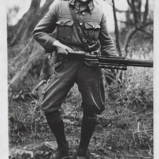 Image similar to old wartime photograph of crash bandicoot holding a lewis gun, 1 9 1 7