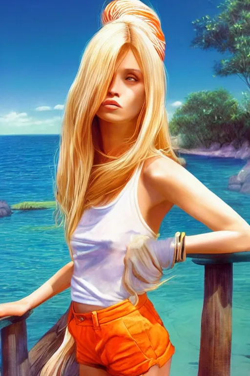 Image similar to a gorgeous woman with very long hip-length blonde hair, wearing a cut-off white top and orange cut-off shorts standing by the water, in the style of mario testino and annie liebovitz and artgerm and moebius, photorealistic, highly detailed, trending on artstation