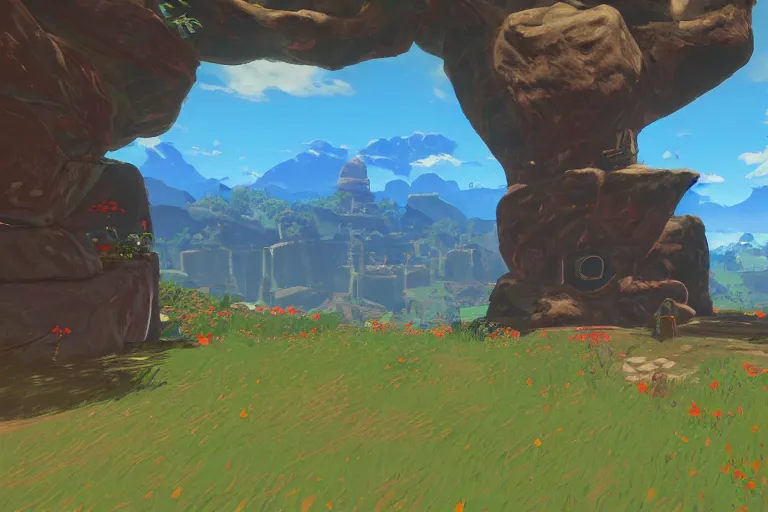 Image similar to an in game heavily modded landscape from the legend of zelda breath of the wild, breath of the wild art style.