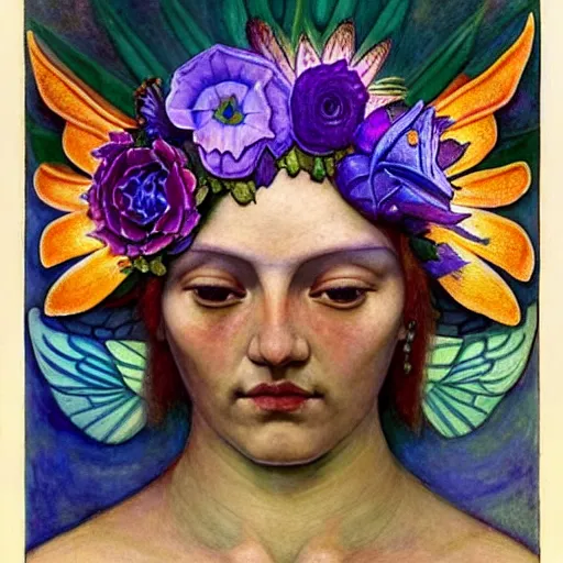 Image similar to the flower crown, by annie swynnerton and nicholas roerich and diego rivera, bioluminescent skin, tattoos, wings made out of flowers, elaborate costume, geometric ornament, symbolist, cool colors like blue and green and violet, smooth, sharp focus, extremely detailed