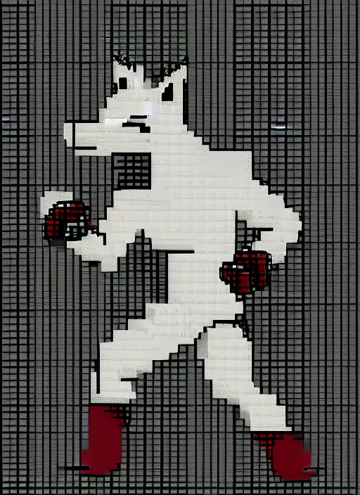 Image similar to full body shot. antropomorphic muscular masculine furr wolf. kickboxer, in sport pants. wolf head. grey furr on body. 8 bit nes graphics, sharp, pixelate