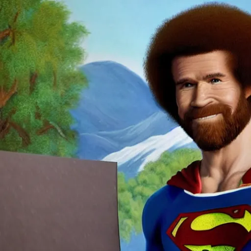 Image similar to a closeup photorealistic photograph of bob ross working on a canvas painting of superman. film still. brightly lit scene. mountains and trees. this 4 k hd image is trending on artstation, featured on behance, well - rendered, extra crisp, features intricate detail, epic composition and the style of unreal engine.