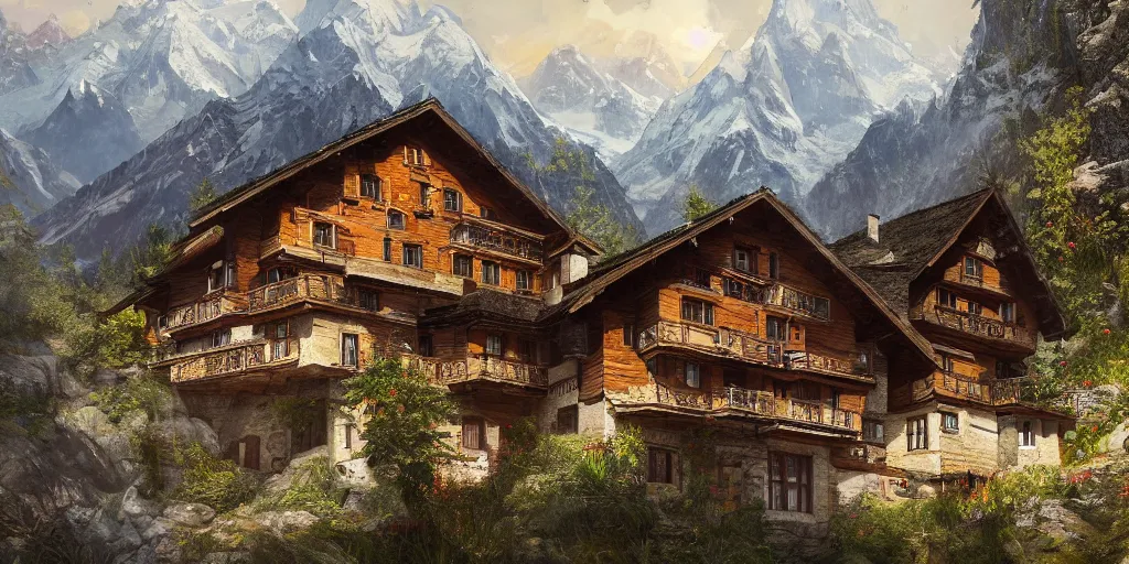 Image similar to A Swiss house in the mountains as Far Cry 4 concept art, spring season, beautiful, gorgeous buildings, oil painting, painting by Viktor Vasnetsov, concept art, fantasy landscape, swiss architecture, painting by Ivan Shishkin, hyperborea, high resolution, trending on artstation,