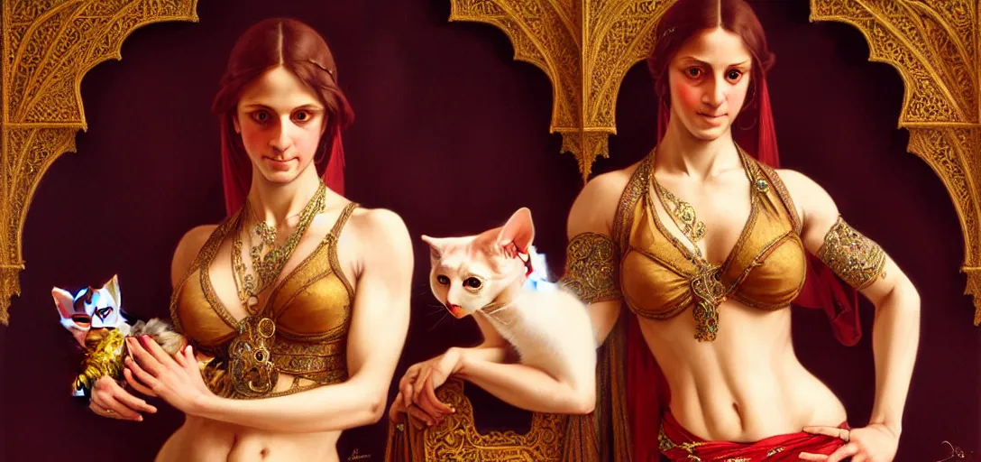 Prompt: renaissance full body portrait of a female bellydancer with a kitten, lean and toned, cute face, d & d, intricate, elegant, highly detailed, digital painting, artstation, concept art, matte, sharp focus, illustration, art by da vinci, artgerm and greg rutkowski and alphonse mucha