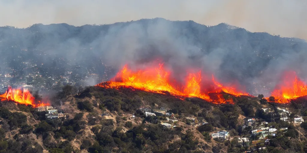 Prompt: hollywood hills on fire, logo on fire, landmark apocalypse