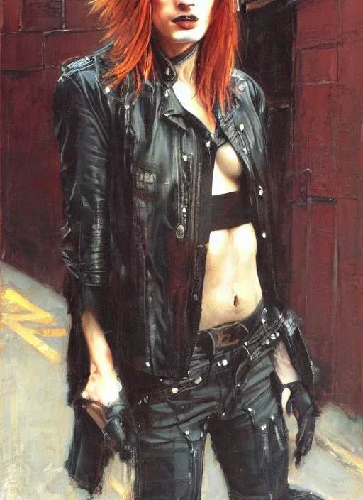 Prompt: androgynous glam rocker outside cbgb in the style of phil hale, sfumato Orientalist portrait by john william waterhouse, moebius oil on canvas. Cinematic, hyper realism, realistic proportions, dramatic lighting, high detail 4k