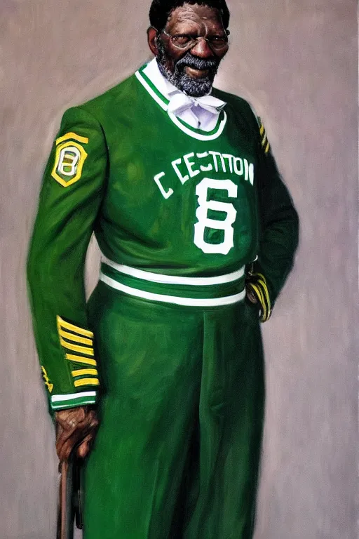 Image similar to full body portrait of the dictator of the boston celtics, bill russell, 1 8 8 9, in full military garb, oil on canvas by william sidney mount, trending on artstation